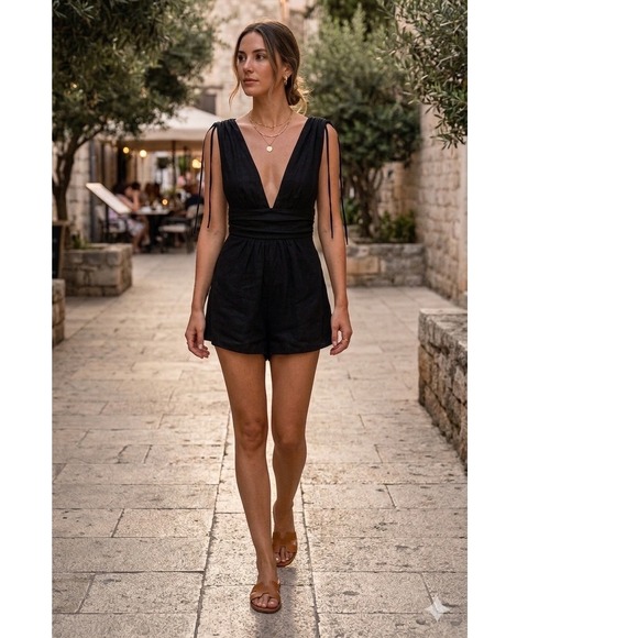 one clothing Pants - One Clothing Los Angeles Black Deep V-Neck Romper Smocked Back Shoulder Ties S